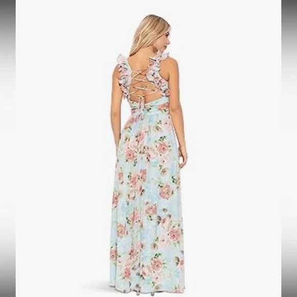 BETSY & ADAM Floral Print Ruffle Lace Back Gown Sz. 4 - Picture 4 of 11